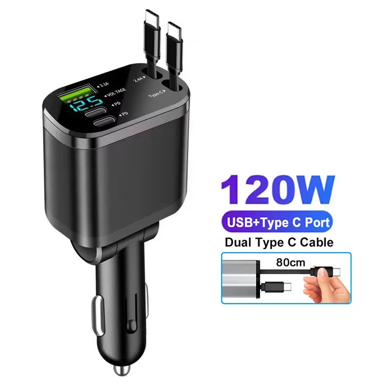 120W 4-in-1 Retractable Fast Car Charger with Voltage Display - 19