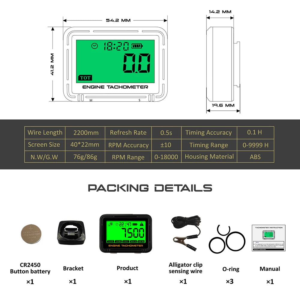 Digital Inductive Engine Tachometer and Hour Meter with Backlit LCD