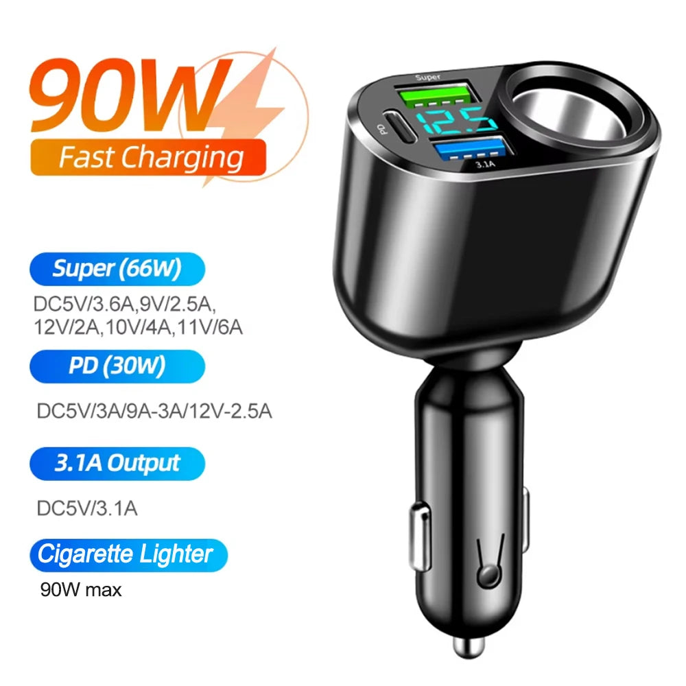 120W 4-in-1 Fast Car Charger with Dual USB and Type-C