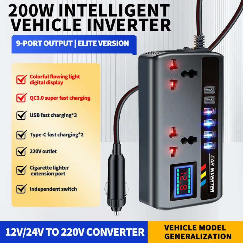200W 12V/24V to 220V Car Power Inverter with 9 Charging Ports