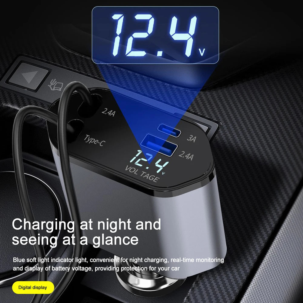 120W 4-in-1 Retractable Fast Car Charger with Voltage Display