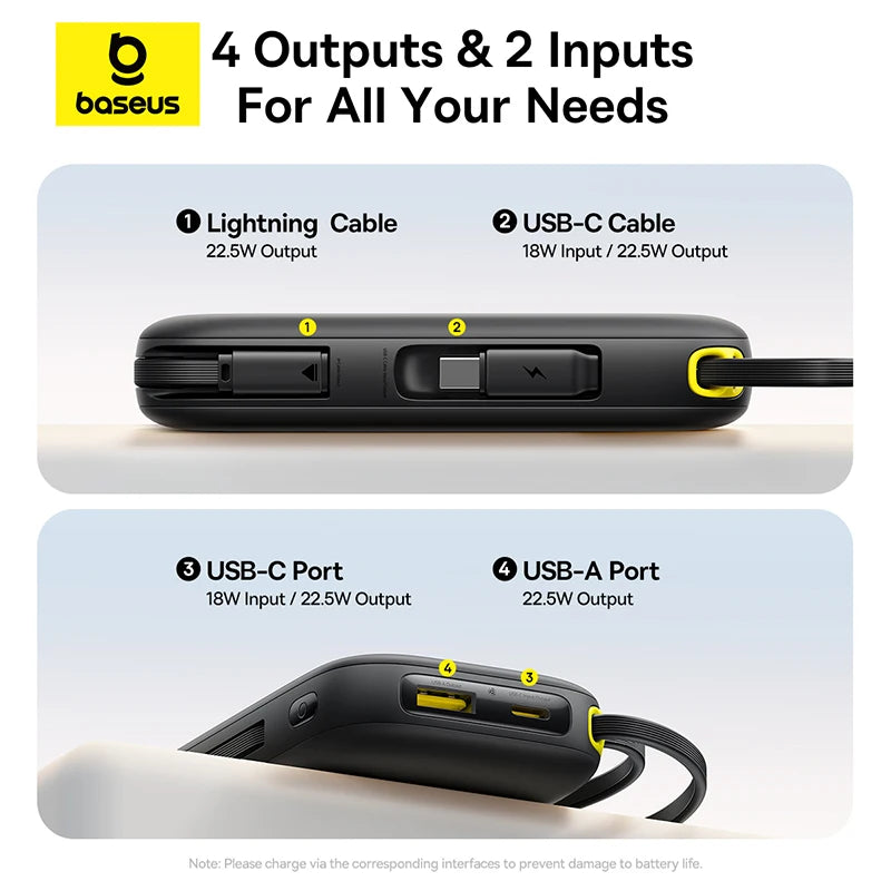 22.5W Fast Charging Power Bank with Built-in Cables