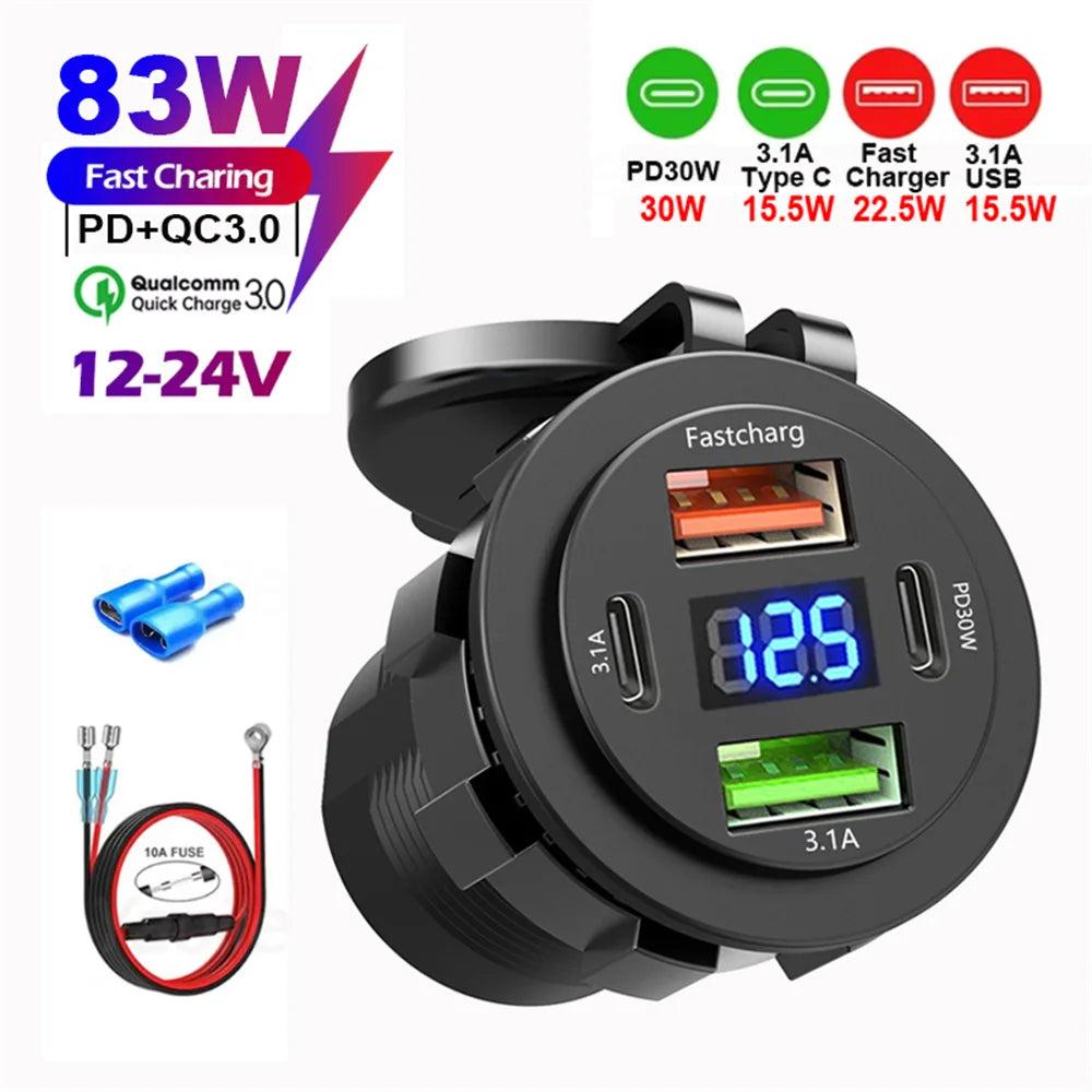 83W 4 Port USB and USB-C Fast Car Charger Socket for 12V 24V Vehicles