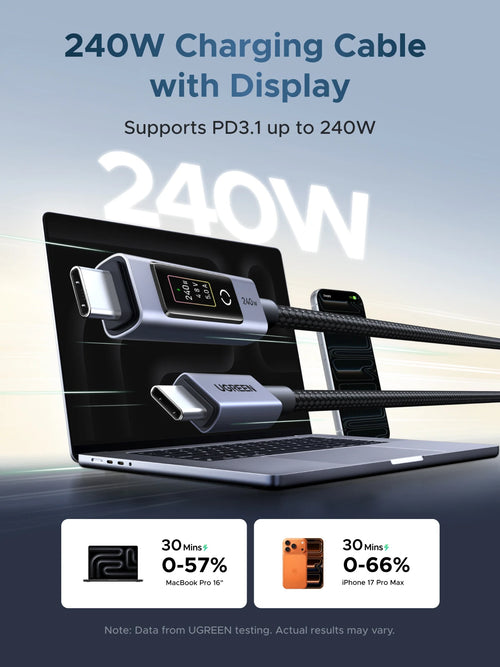240W USB-C Fast Charging Cable with Real-Time Digital Display