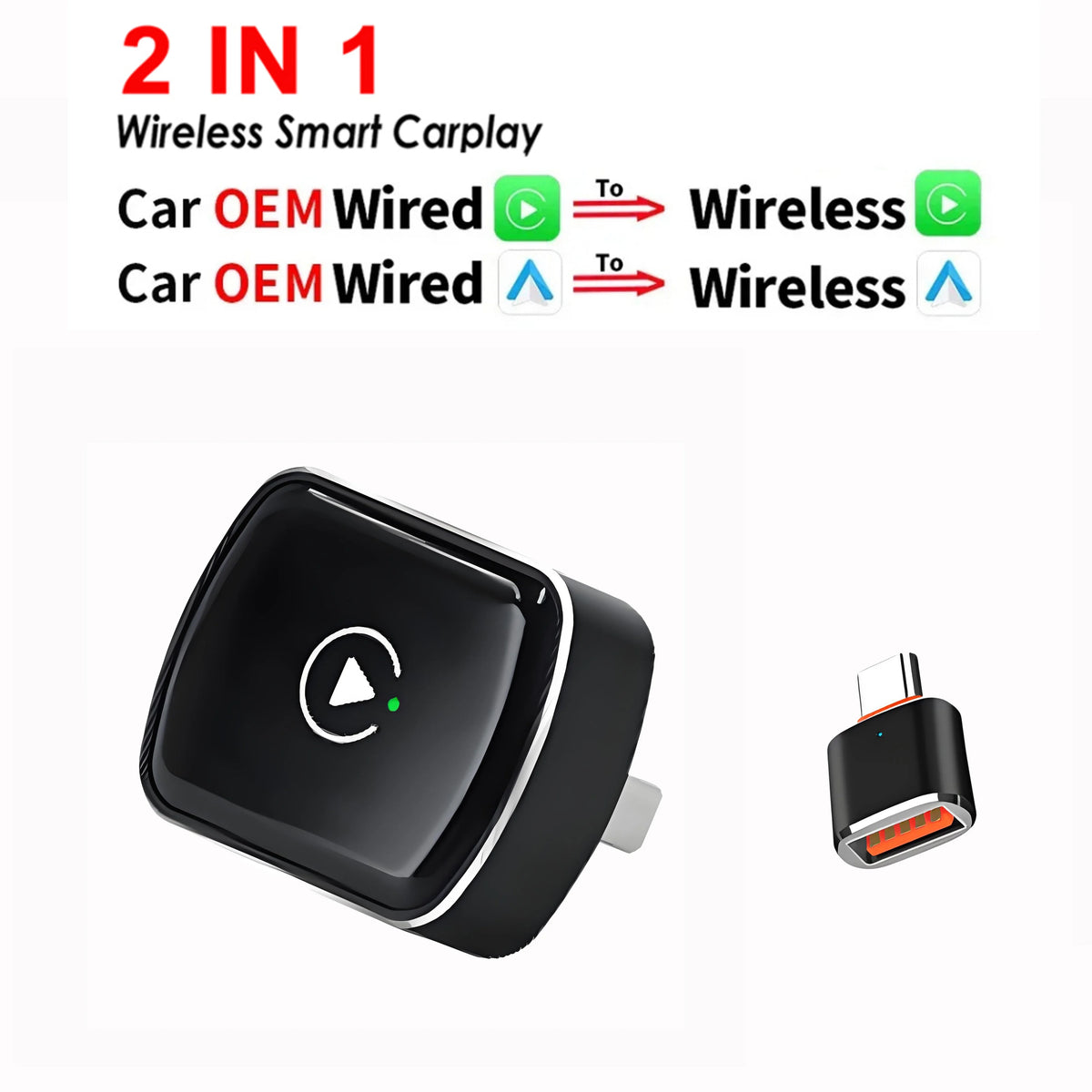 Wireless CarPlay and Android Auto 2-in-1 Adapter for Wired Car Systems