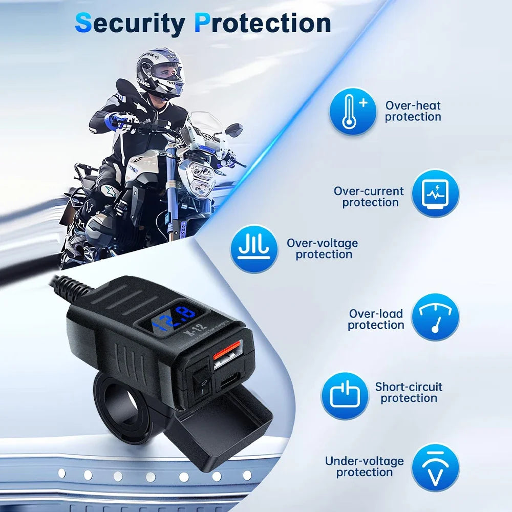 Motorcycle Handlebar USB Type C Charger with Voltmeter and Power Switch