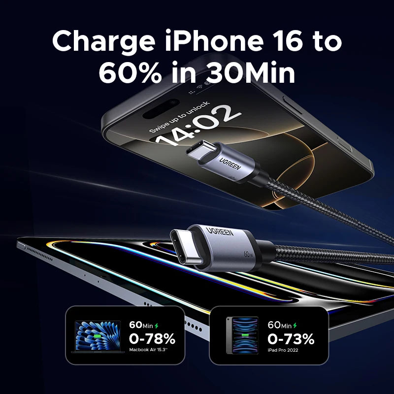 60W USB-C to USB-C Fast Charging and Data Sync Cable - 2