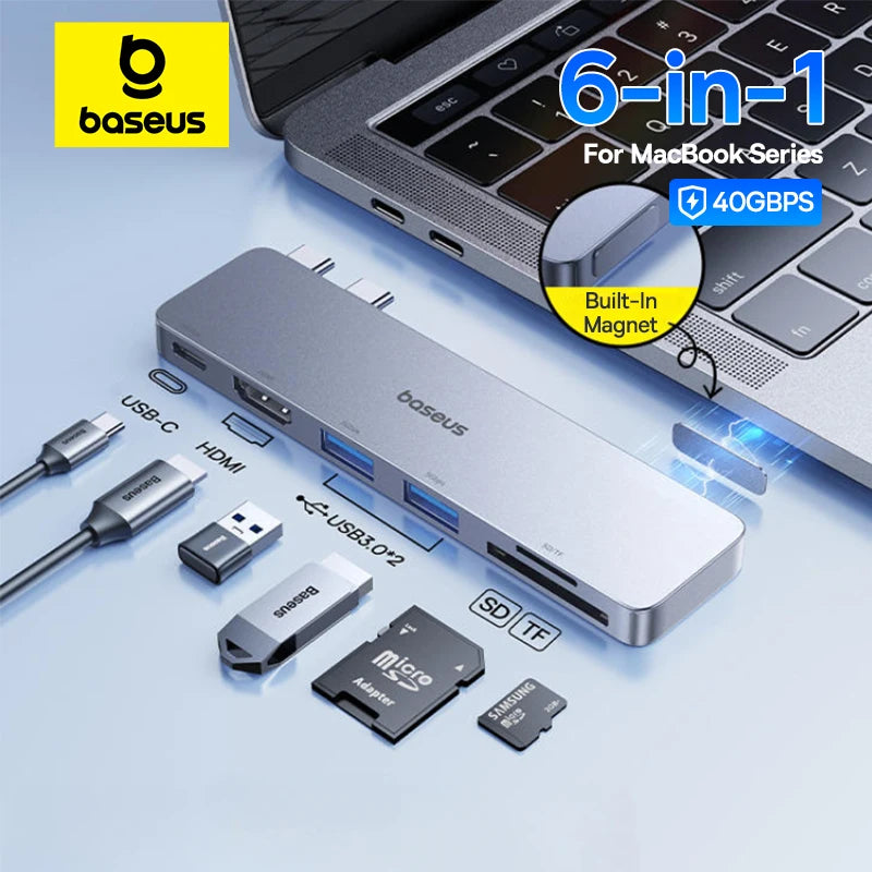 6-in-1 Dual USB-C Hub for MacBook with 4K HDMI and SD/TF Card Reader - 1
