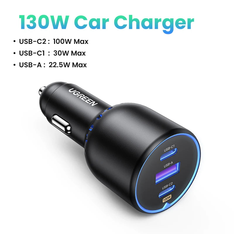 130W 3-Port Fast Car Charger for Laptops and Smartphones