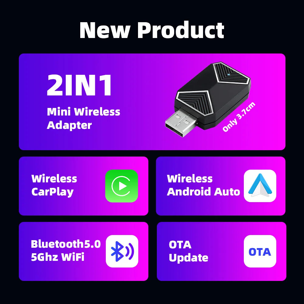 2 in 1 Wireless CarPlay and Android Auto Adapter Bluetooth 5.3 WiFi