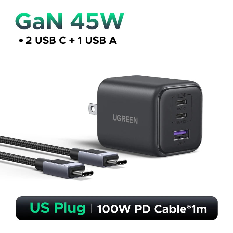 45W GaN Fast Wall Charger with Dual USB-C and USB-A Ports