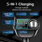 120W 5 in 1 Retractable Car Charger with Voltmeter and Starry Light