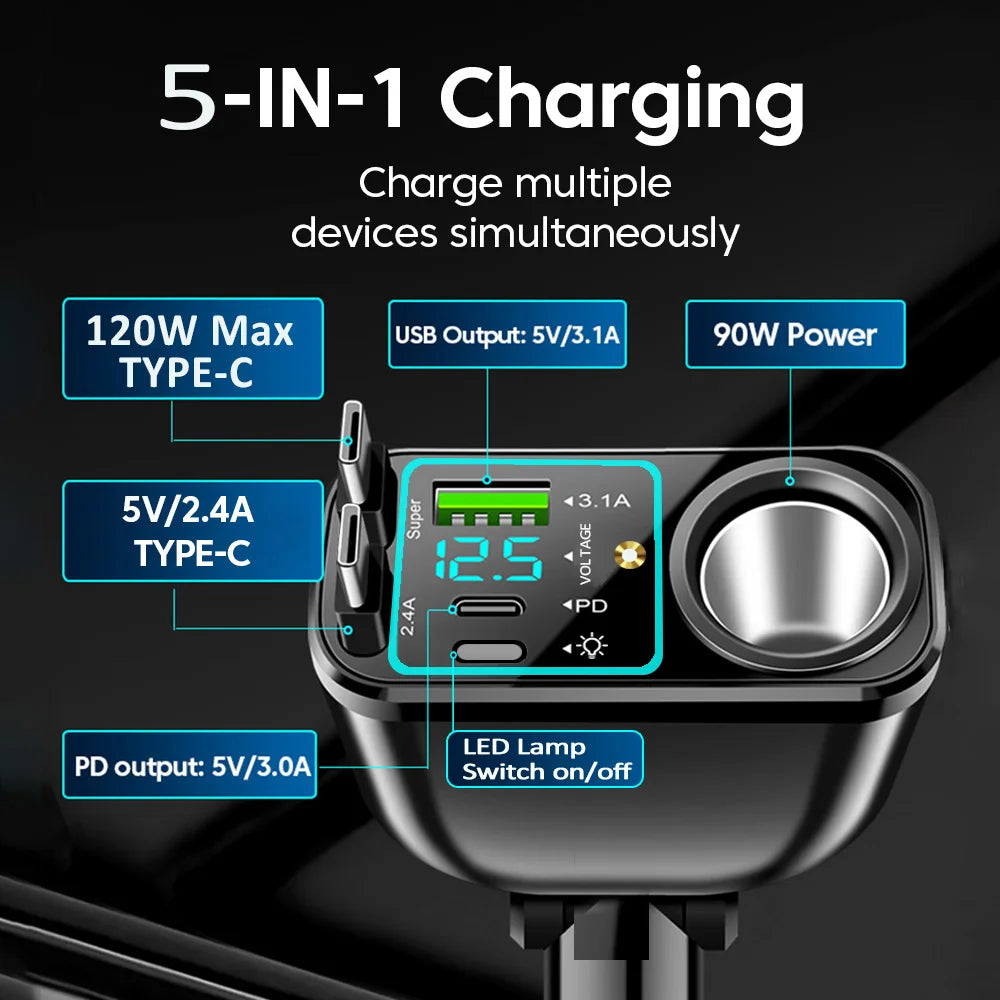 120W 5 in 1 Retractable Car Charger with Voltmeter and Starry Light