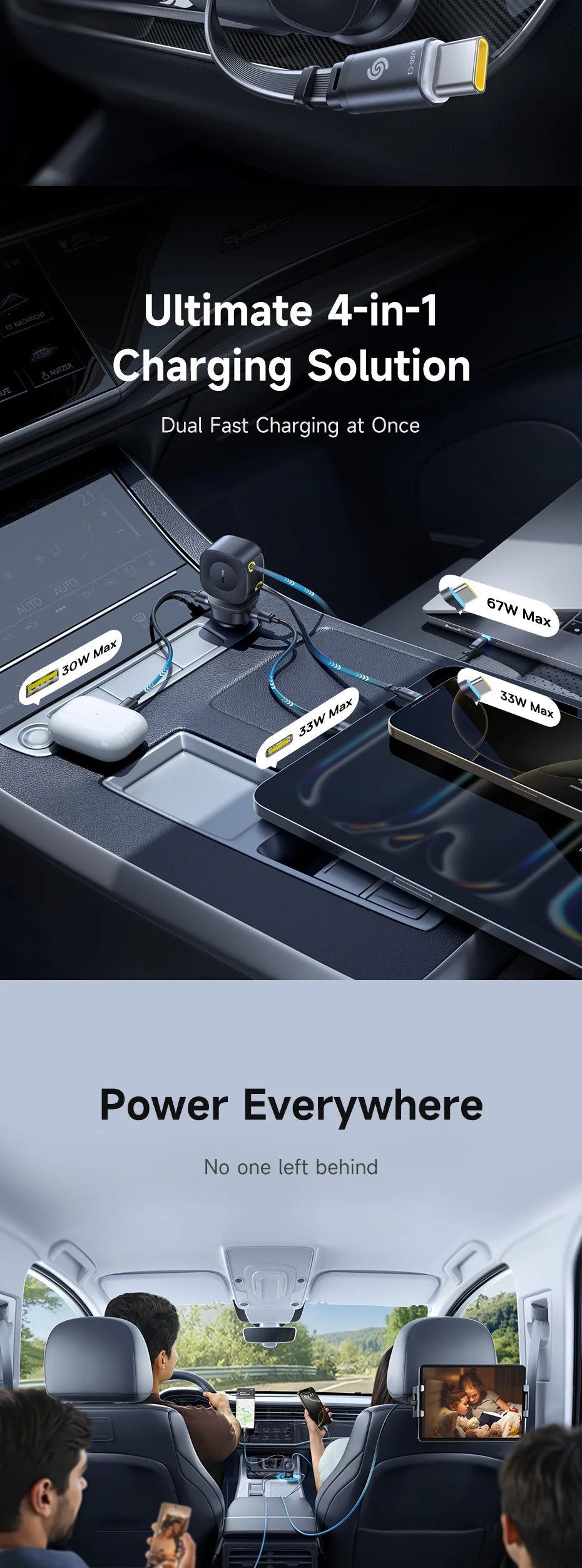 100W Fast Charging 4-Port Retractable Car Charger