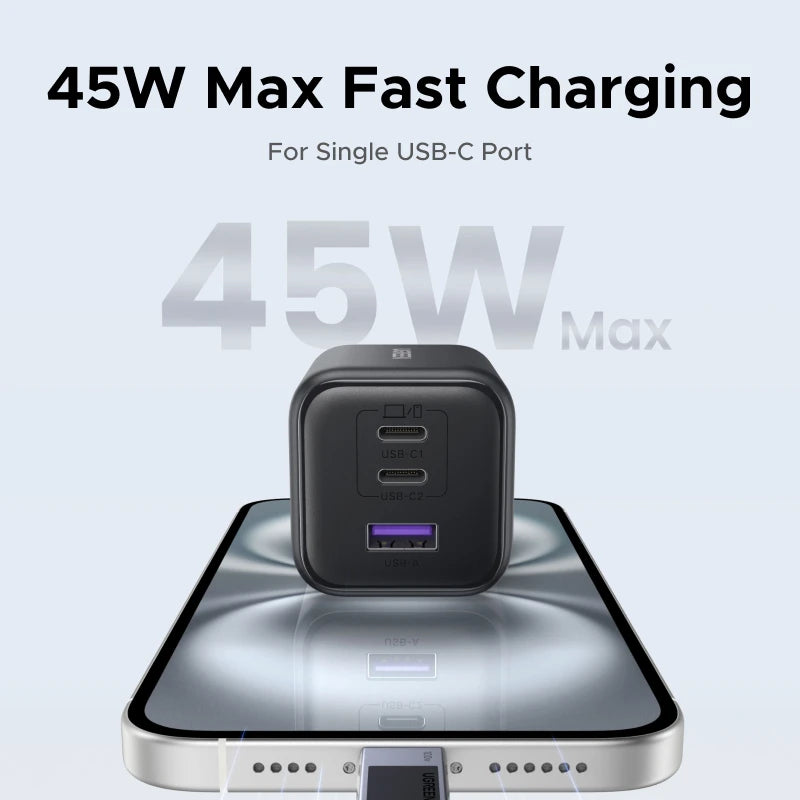 45W GaN Fast Wall Charger with Dual USB-C and USB-A Ports - 3