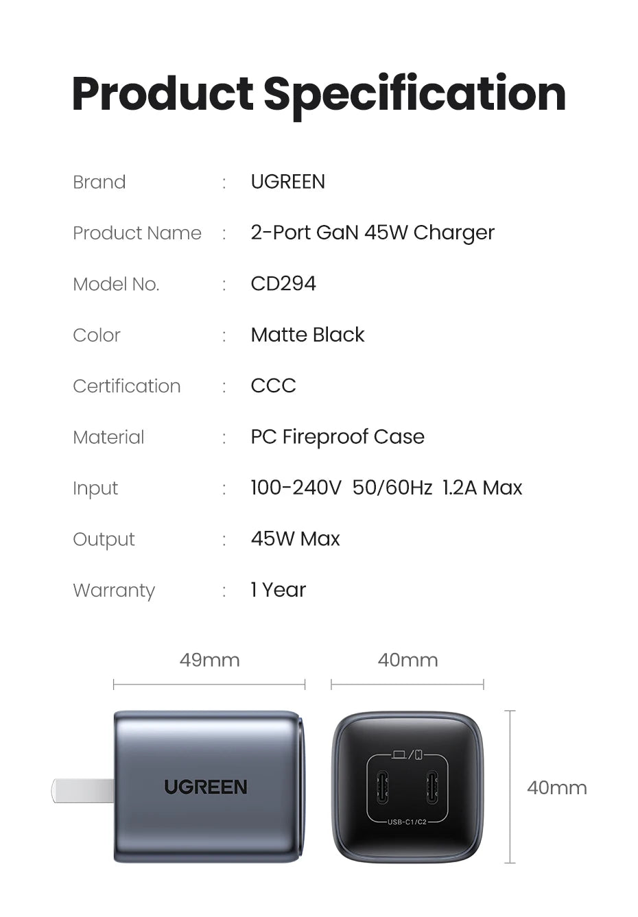 45W Dual USB-C GaN Fast Wall Charger for Smartphones and Tablets