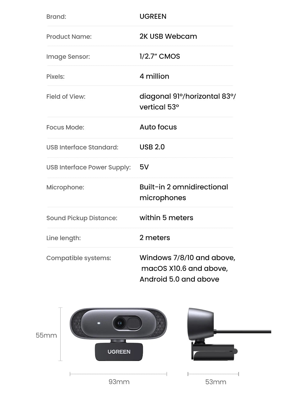 2K HD USB Webcam with Dual Microphones for Streaming and Video Calls