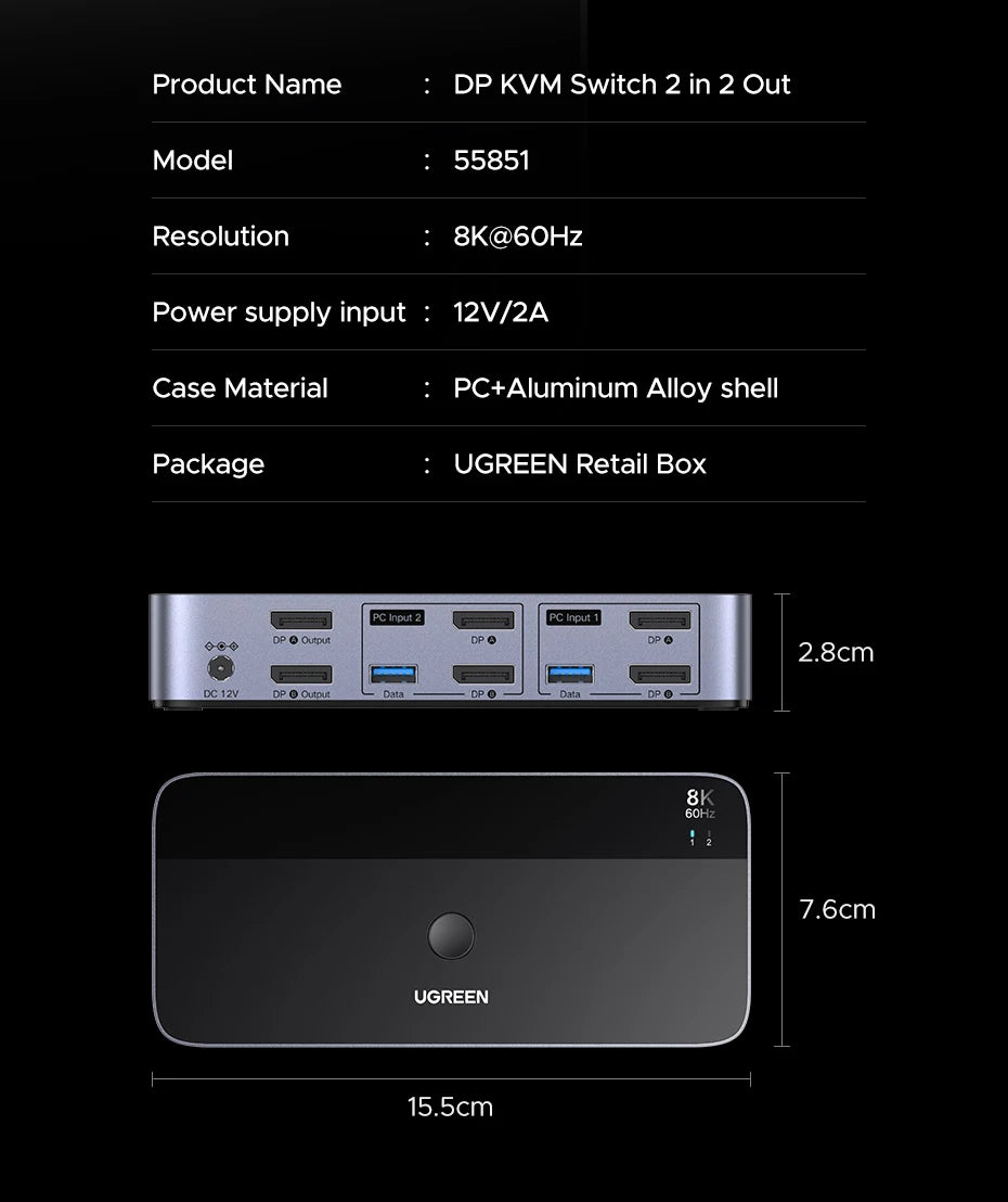Dual Monitor DisplayPort KVM Switch for 2 PCs 8K 60Hz