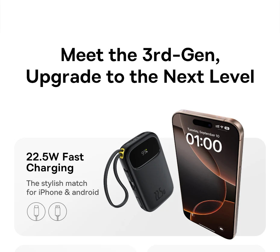 22.5W Fast Charging Power Bank with Built-in Cables