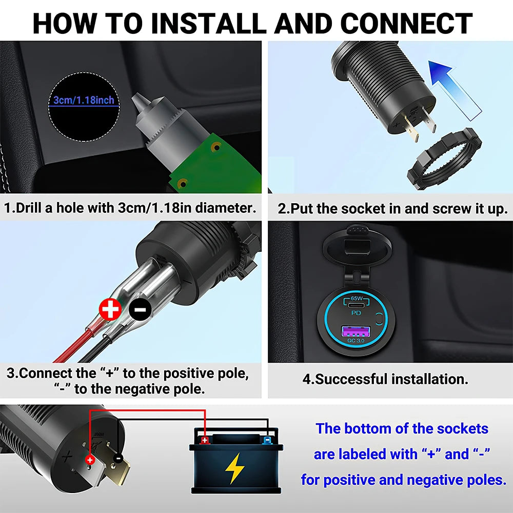 Dual PD and QC3.0 Fast USB Car Charger Socket