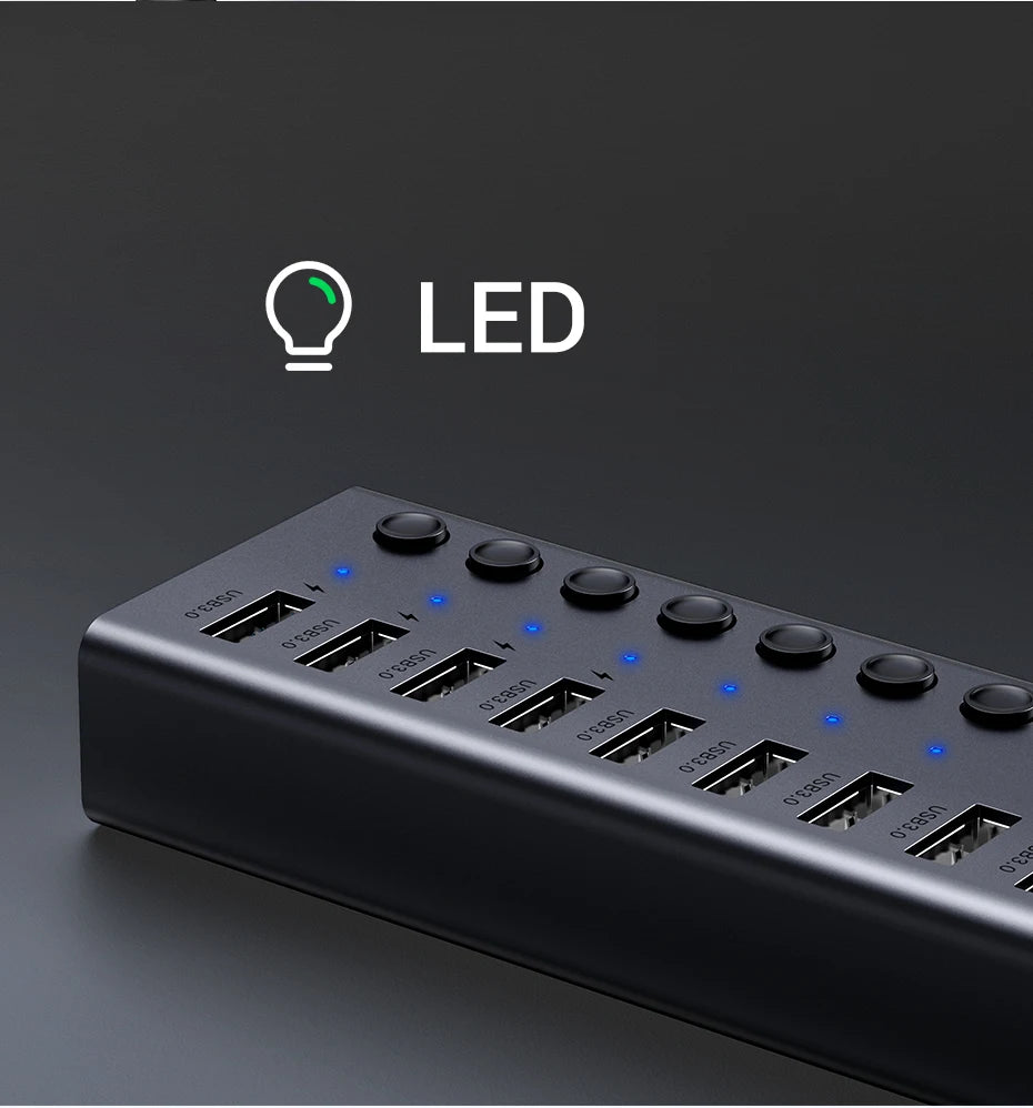 7-Port USB 3.0 Data Hub with Individual Switches and Power Adapter