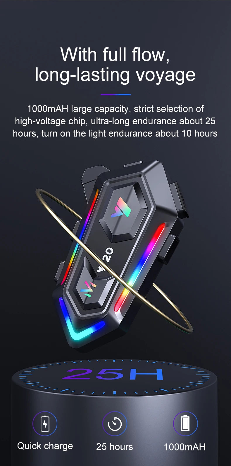 Bluetooth 5.3 Motorcycle Helmet Headset with RGB Ambient Lights