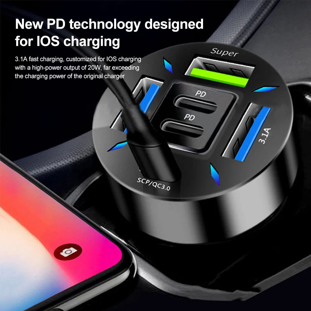 250W 6-Port Fast Car Charger with USB-C PD and QC3.0