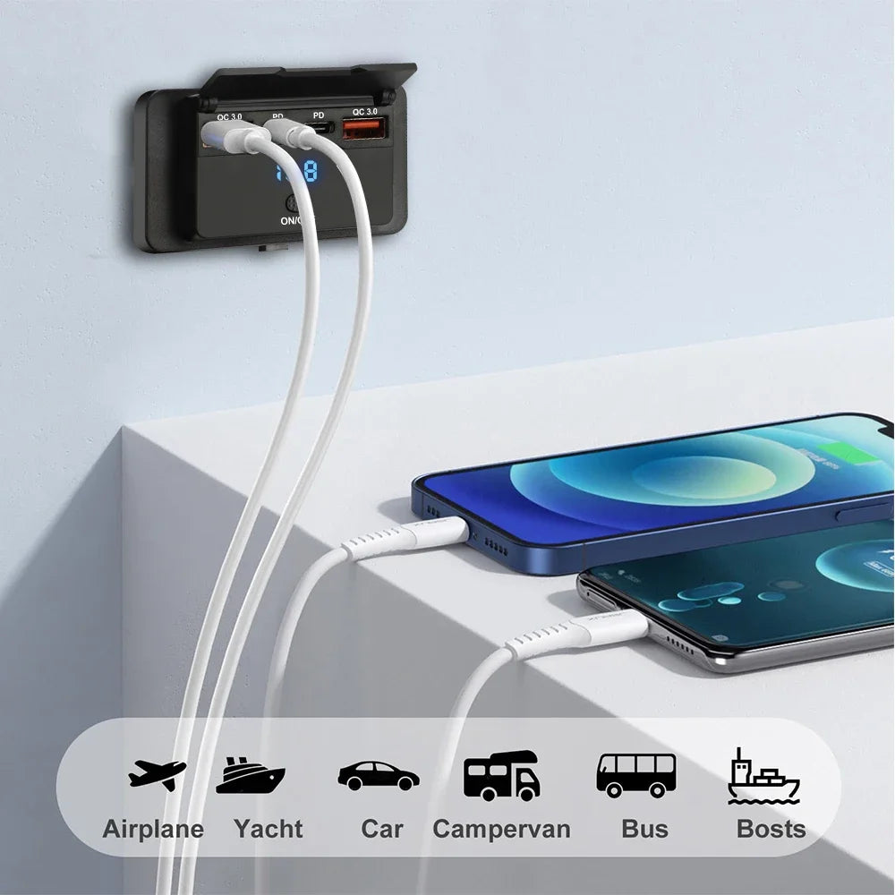 3 or 4 Port USB PD and QC3.0 Fast Charging Socket with LED Display