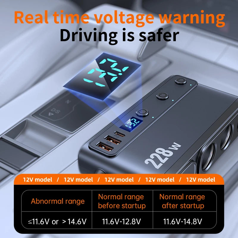 228W 9 Port Car Cigarette Lighter Splitter with Retractable PD Cable