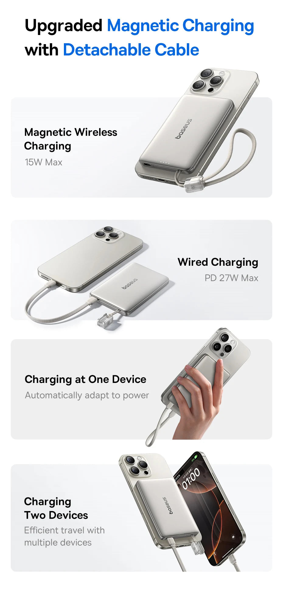 10000mAh Magnetic Wireless Power Bank with Built-in Fast Charge Cable - 10