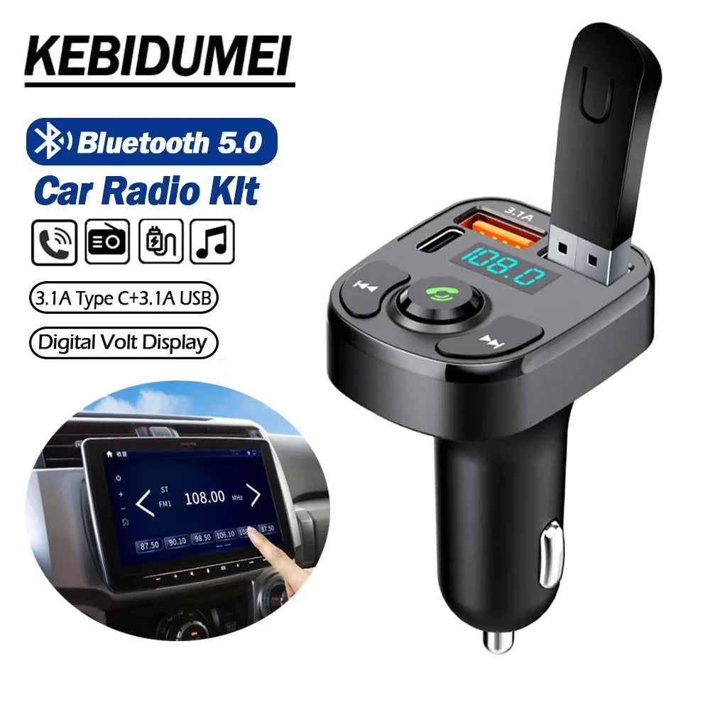 Bluetooth 5.0 FM Transmitter Car Radio Kit with Type C and Dual USB