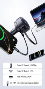 60W Retractable Fast Car Charger with 3 Ports