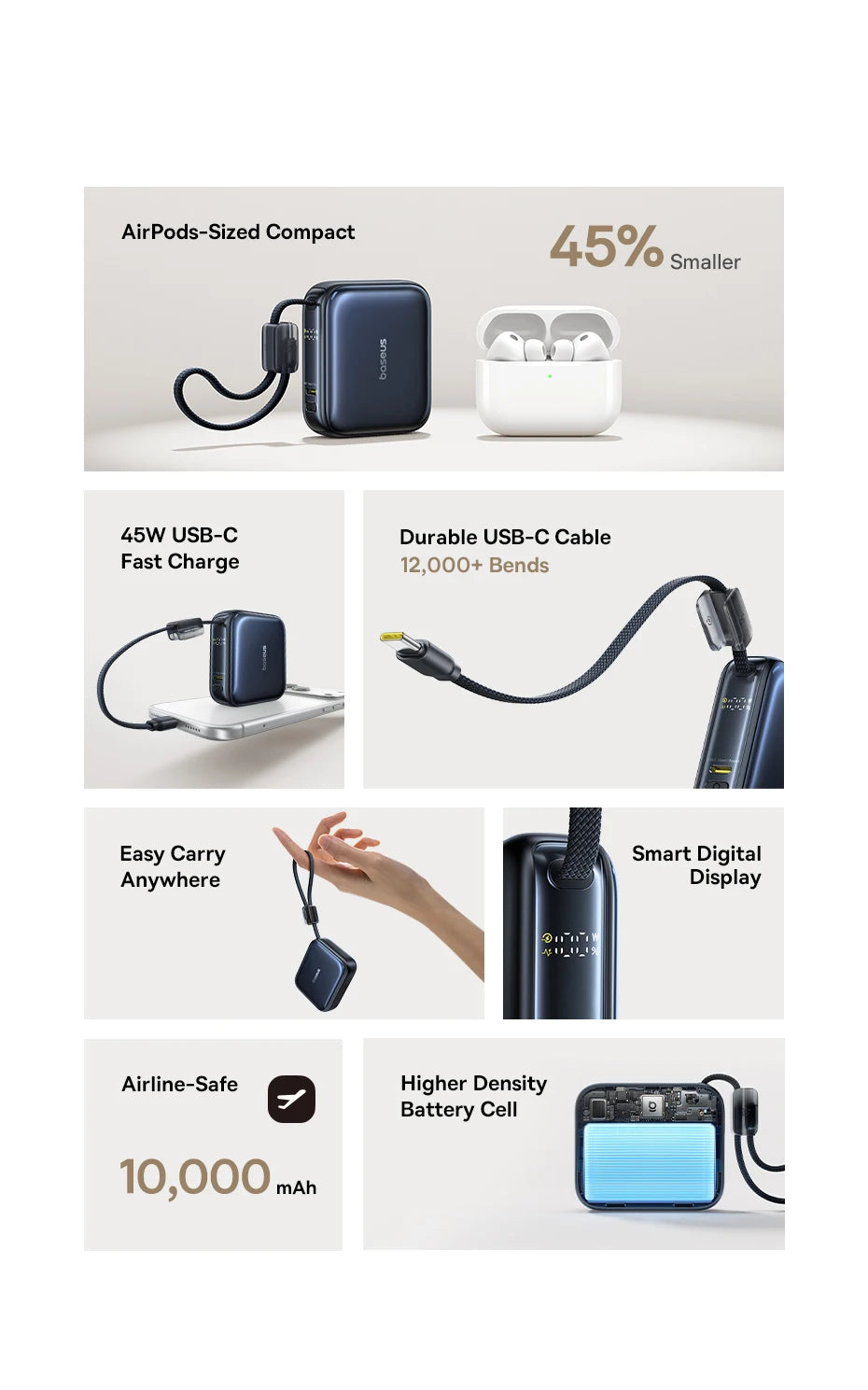 45W Mini Portable Power Bank with Built-in USB-C Cable 10000mAh - 8