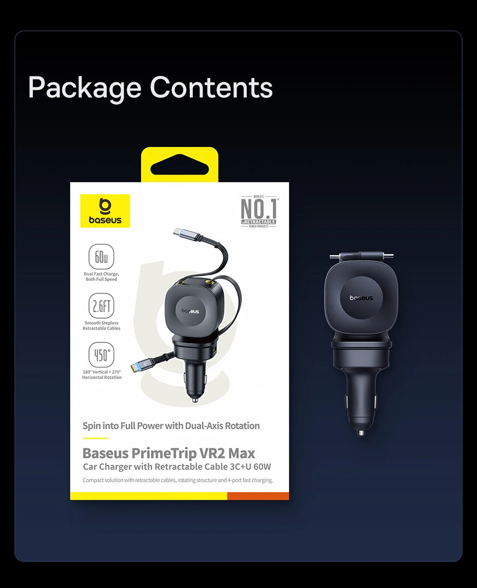 4-Port Fast Car Charger with Retractable Cables