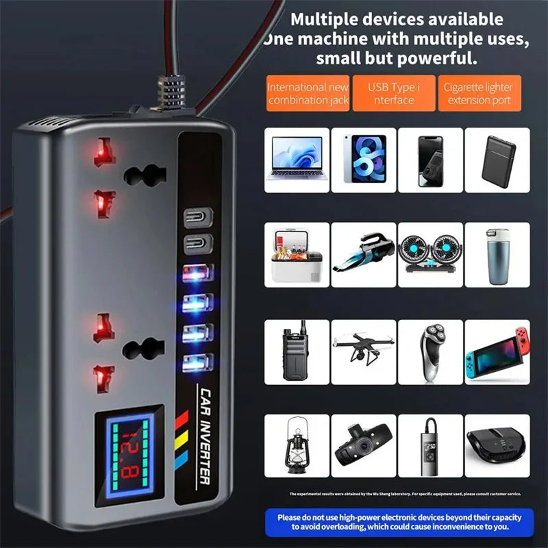 200W 12V/24V to 220V Car Power Inverter with 9 Charging Ports