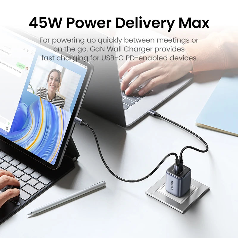 45W Dual USB-C GaN Fast Wall Charger for Smartphones and Tablets
