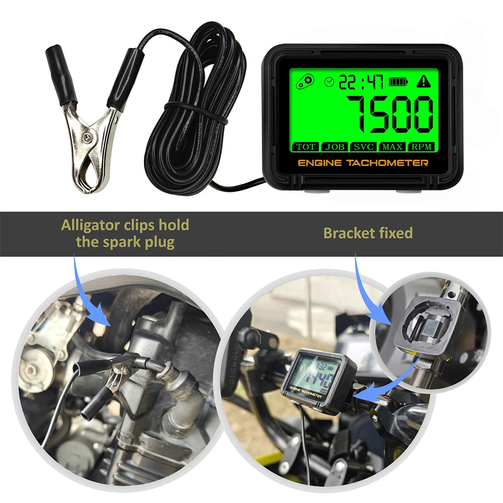 Digital Inductive Engine Tachometer and Hour Meter with Backlit LCD