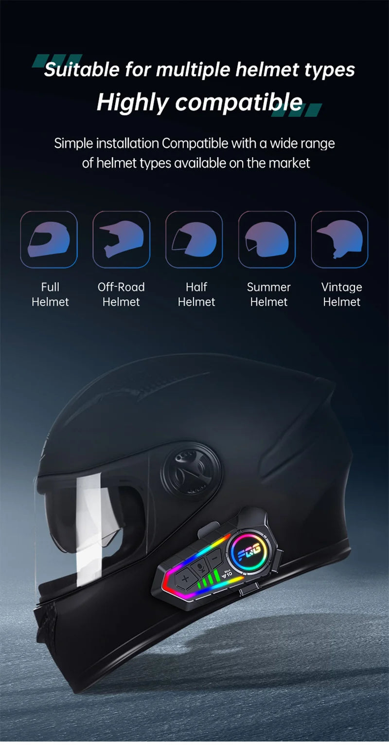 Bluetooth 6.0 Motorcycle Helmet Intercom with RGB Lighting