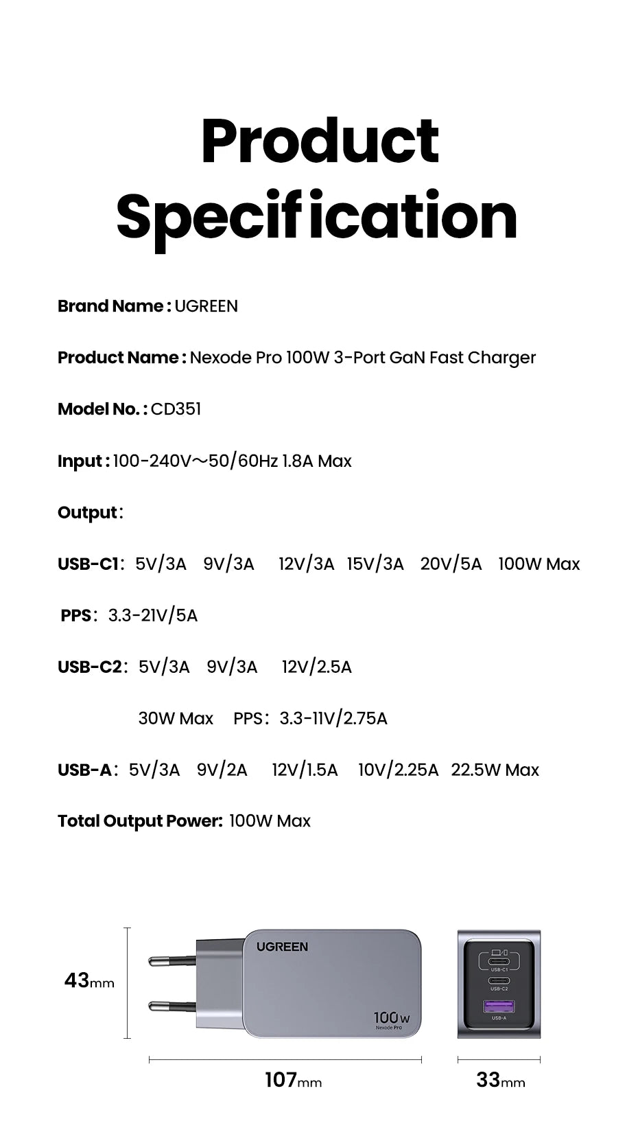 100W GaN Fast USB-C Wall Charger for Laptops and Smartphones