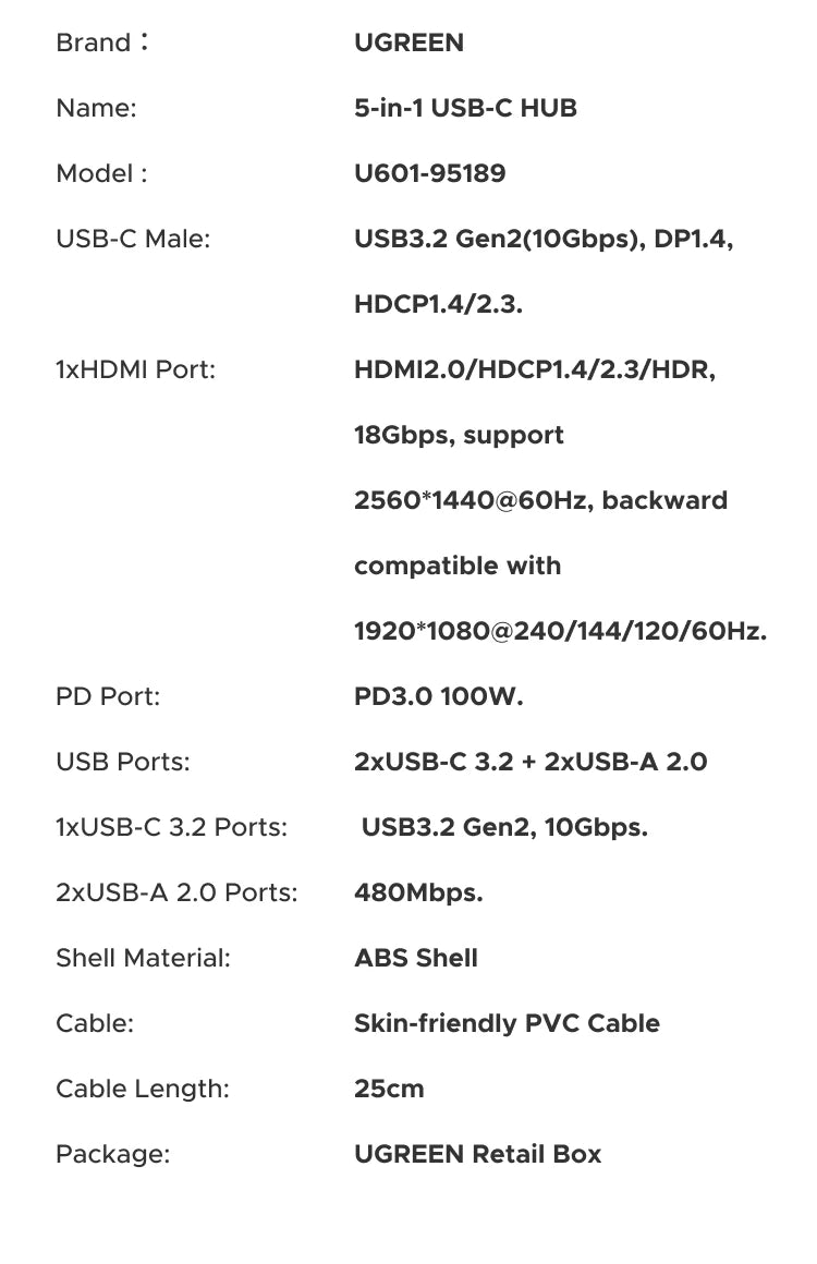 5-in-1 USB-C Hub with 4K 60Hz HDMI and 100W Power Delivery