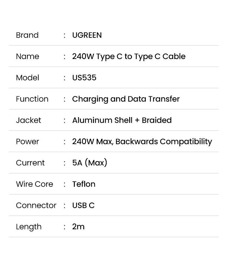 240W USB-C to USB-C Fast Charging and Data Sync Cable