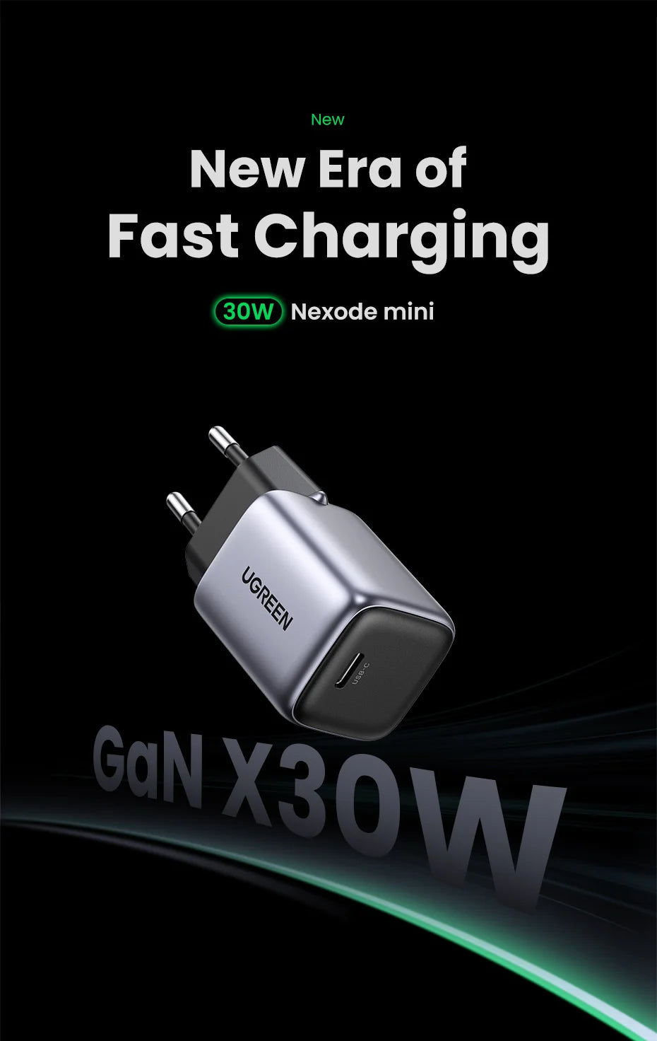 30W GaN USB-C Fast Wall Charger for Smartphones and Tablets