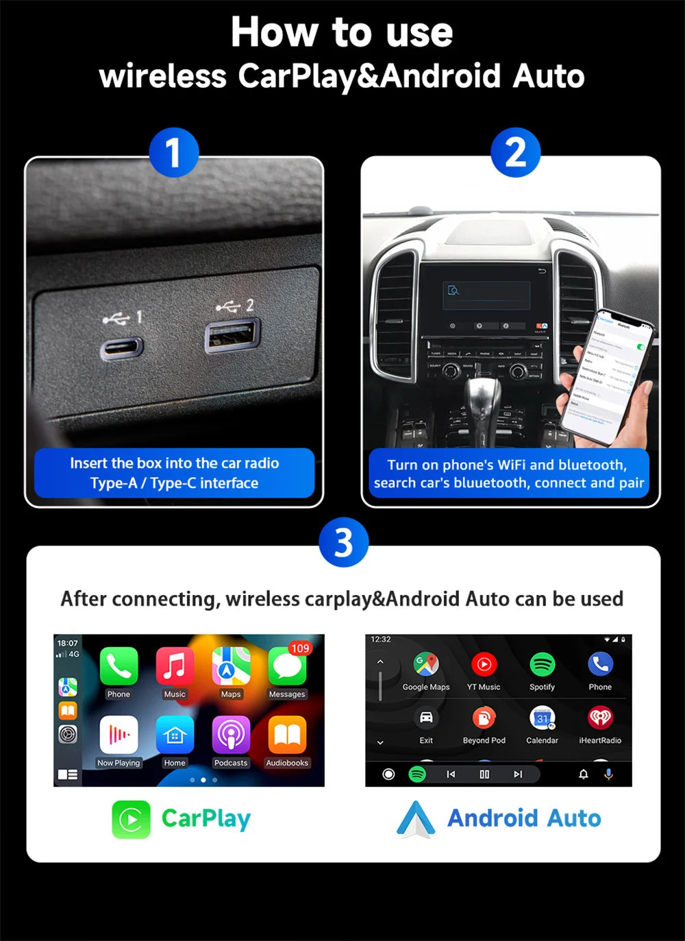 2 in 1 Wireless CarPlay and Android Auto Adapter Bluetooth 5.3 WiFi