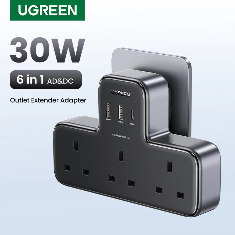6-in-1 UK Plug Power Strip with 30W USB-C Fast Charging
