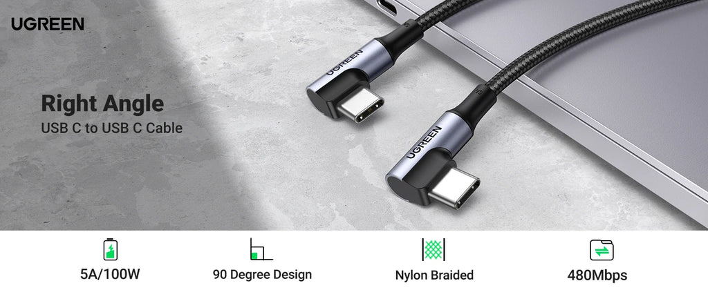 90 Degree Right Angle USB-C Fast Charging & Data Sync Cable
