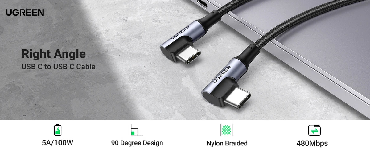 90 Degree Right Angle USB-C Fast Charging & Data Sync Cable