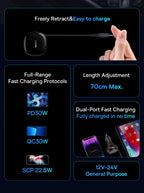 60W Fast Dual Port Car Charger with Retractable Cable