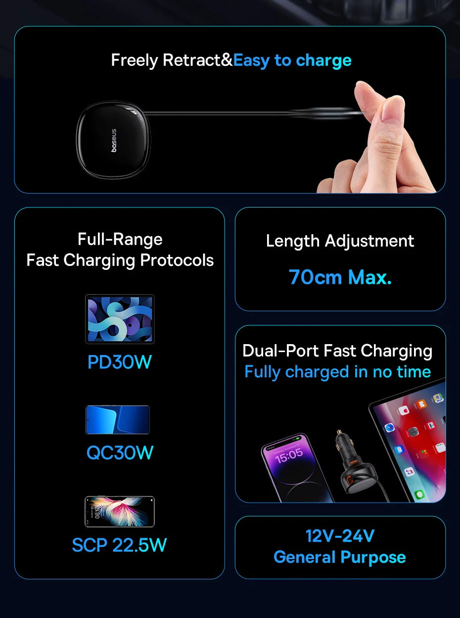 60W Fast Dual Port Car Charger with Retractable Cable