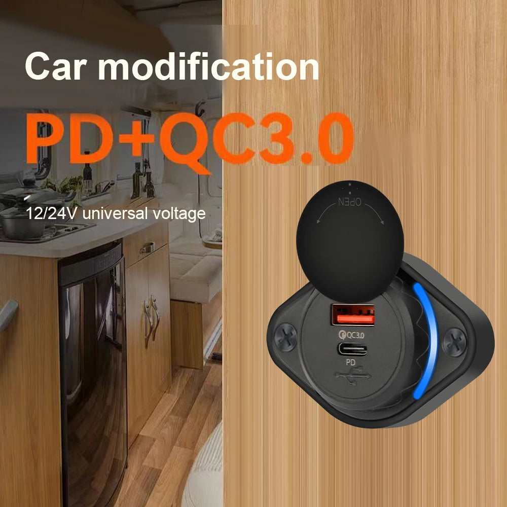 Dual Port USB PD and QC3.0 Power Socket for 12V 24V Vehicles