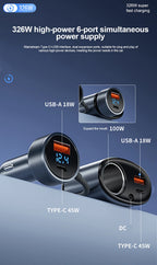 326W 6-Port Car Charger USB-C QC3.0 Cigarette Lighter Splitter 12-24V